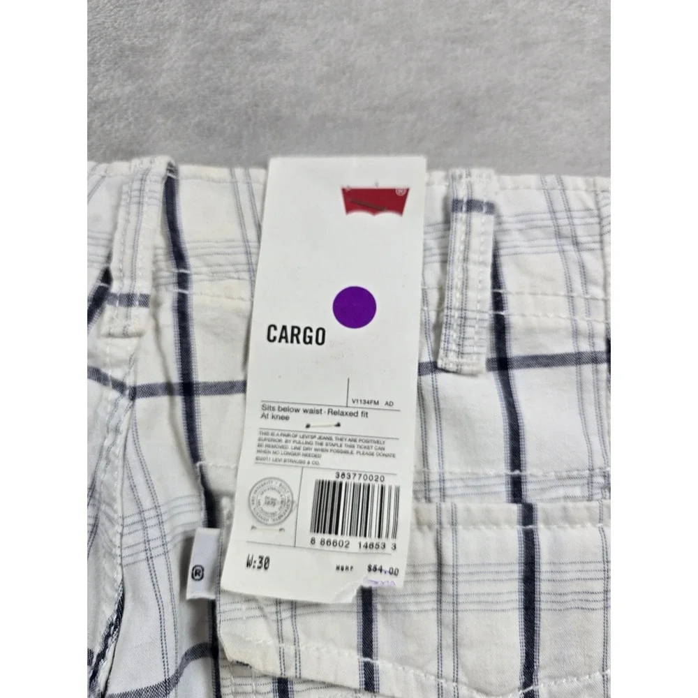 Levi's Cargo Shorts Mens 30 White Navy Plaid Cotton Relaxed Fit 505 Short NEW